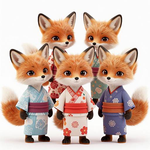 Digital illustration of five adorable, fluffy fox kits in traditional Japanese kimonos, each with different colorful floral patterns, standing against a white background.