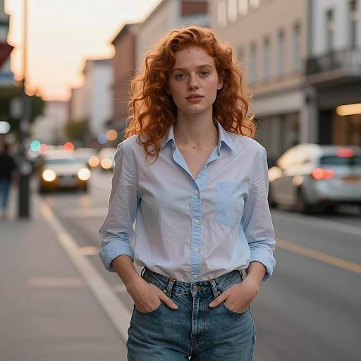 Red-haired woman standing on urban street at golden hour