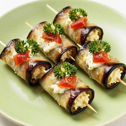 Close-Up of Colorful Stuffed Eggplant Rolls