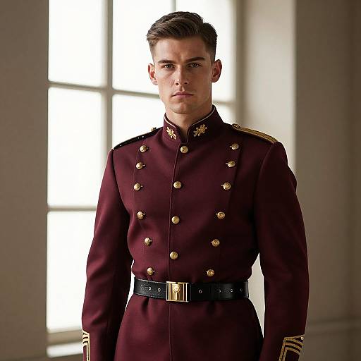 Photograph of a handsome young man with short brown hair, wearing a maroon military uniform with gold buttons and black belt, standing in front of a