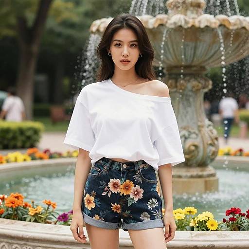 Stylish Woman by Garden Fountain