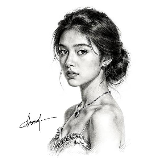Black-and-white digital sketch of a young woman with delicate features, dark hair in a loose updo, wearing a strapless top, necklace, and