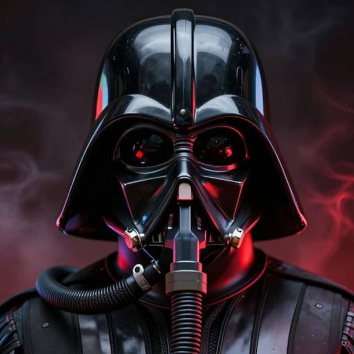 Photorealistic digital art of Darth Vader in black armor with glowing red eyes, gas mask, and dark background with red smoke.