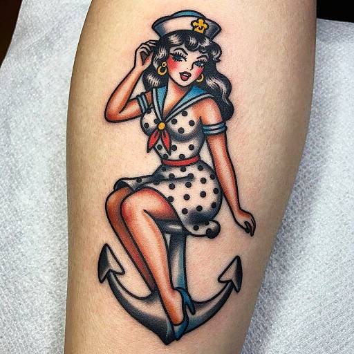 Tattoo of a curvy, vintage-style sailor girl with polka-dot dress, anchor background, and sailor hat, on light skin. Color
