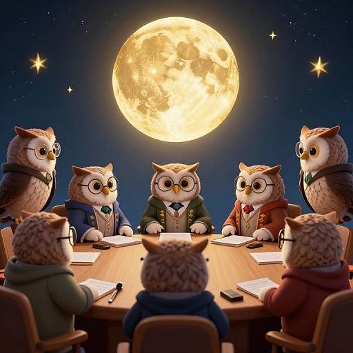 Digital illustration of six anthropomorphic owls wearing suits and ties, seated around a wooden table under a bright full moon in a starry night sky,