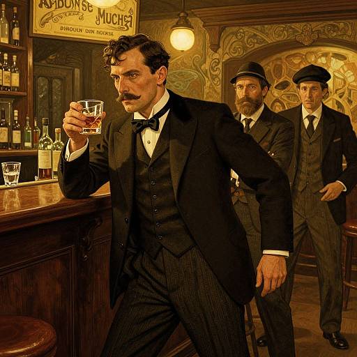 Vintage photograph of three men in Victorian-era suits, one with a mustache sipping whiskey at a dimly lit bar.