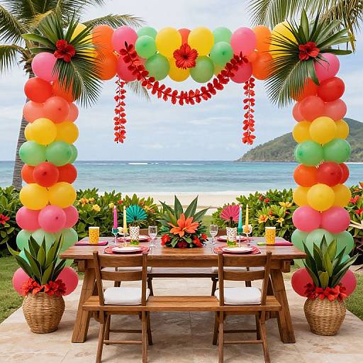 Vibrant beach wedding setup: colorful balloon arch, tropical flowers, wooden table with candles and chairs, palm trees, ocean view.