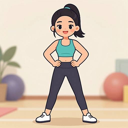 Cartoon-style digital drawing of a cheerful, fit woman with black hair in a ponytail, wearing a teal sports bra, black leggings, and white
