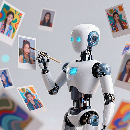 Photograph of a white, glowing blue-eyed robot with a paintbrush, arranging colorful portraits of smiling women in the background.