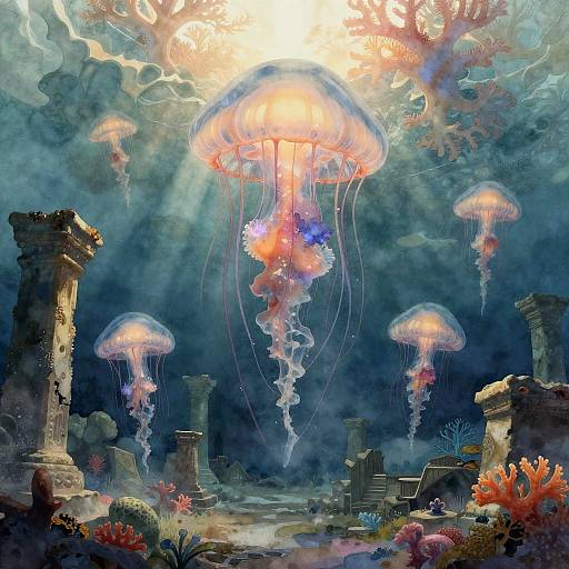 Digital painting of an underwater fantasy scene with glowing jellyfish, ancient ruins, coral, and sunlight filtering through the water.