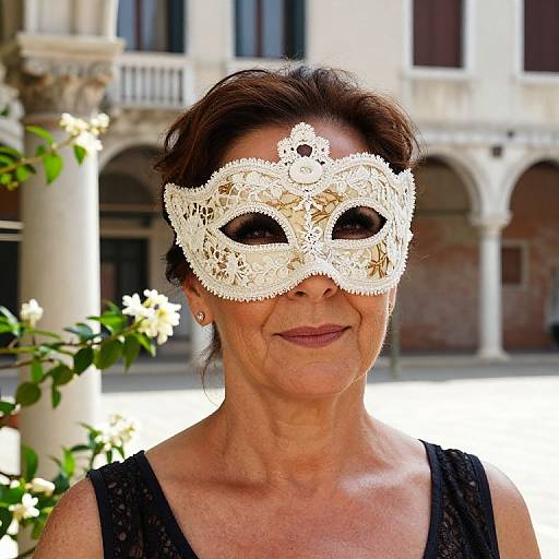 Photograph of an older woman with fair skin and brown hair, wearing a white lace masquerade mask, black lace dress, and subtle makeup,