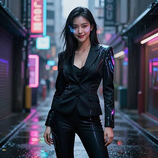 Digital artwork of an Asian woman with wet black leather suit, standing in a neon-lit, rainy urban alleyway, glowing cyberpunk lights in background