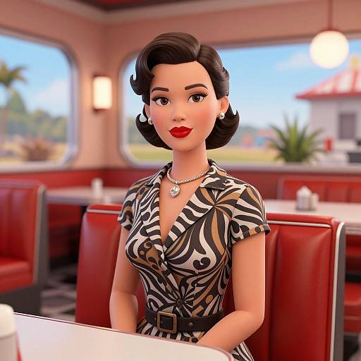 Digital illustration of a 1950s-style woman with red lipstick, short black hair, and a zebra-pattern dress, sitting in a retro diner