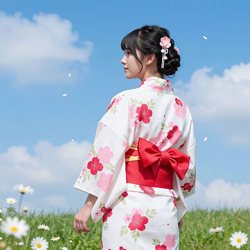 Graceful Woman in Floral Yukata Outdoors