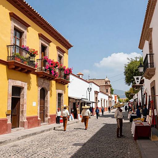 Photograph of a vibrant cobblestone street in a Spanish town, featuring yellow and white buildings with blooming pink flowers, pedestrians, and outdoor cafes