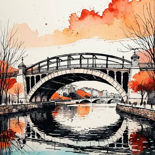 Watercolor Painting of Historic Bridge with Autumn Trees