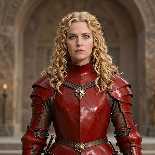 Photograph of a blonde woman with curly hair, wearing red medieval armor with black accents, standing in a stone arched doorway.