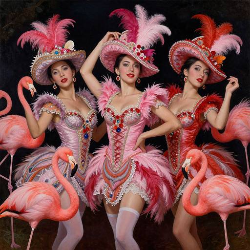 Digital painting of three elegant women in pink feathered, rhinestone-embellished carnival outfits, matching hats with feathers, white stockings, standing