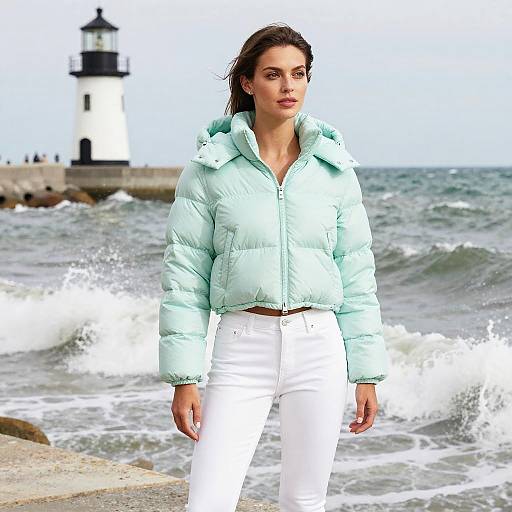 Photograph of a confident woman with light blue puffer jacket, white pants, standing on rocky shore with waves, lighthouse in background.