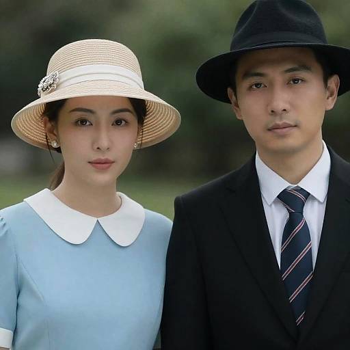 Photograph of an Asian couple: woman in light blue dress and white-collared hat, man in black suit and striped tie, both with serious