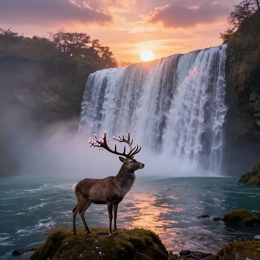 Photograph of a majestic deer with large antlers standing on a mossy rock in front of a powerful waterfall at sunset, with vibrant orange and pink