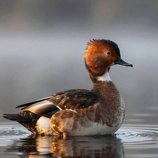 Photograph of a male Ruddy Duck with vibrant reddish-brown head, dark eyes, brown and white body, and black beak, floating