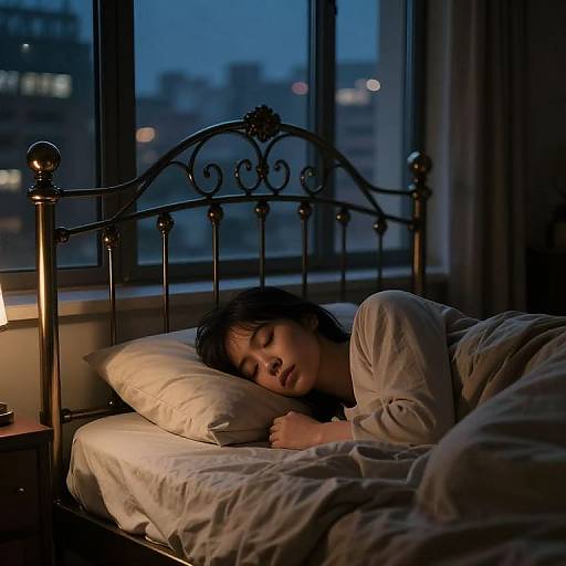 Photograph of a sleeping Asian woman with short black hair in a dimly lit bedroom, wrapped in a beige blanket on a black metal bed, with