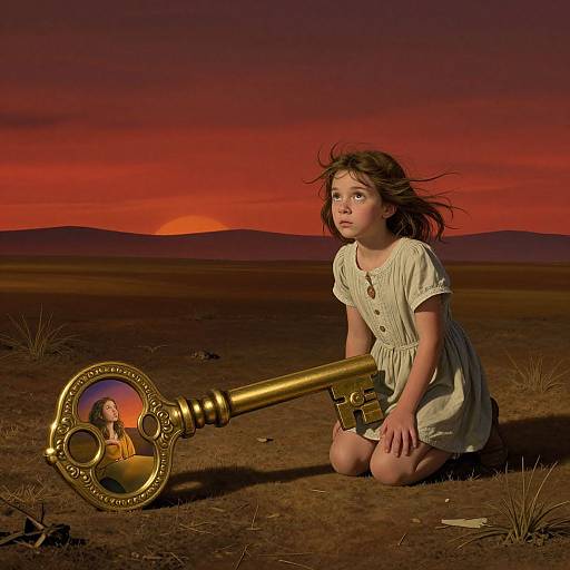 Photograph-like digital artwork: young girl with windblown brown hair kneels in desert at sunset, gazing at large golden key with her image