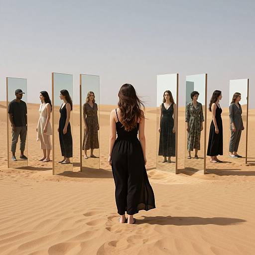 Photograph: Woman in black dress faces mirrored reflections in desert, surrounded by sand dunes and clear blue sky, standing alone.