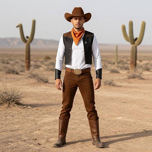 Photograph of a man in cowboy attire standing in a desert with cacti, wearing a brown hat, white shirt, black vest, orange scarf