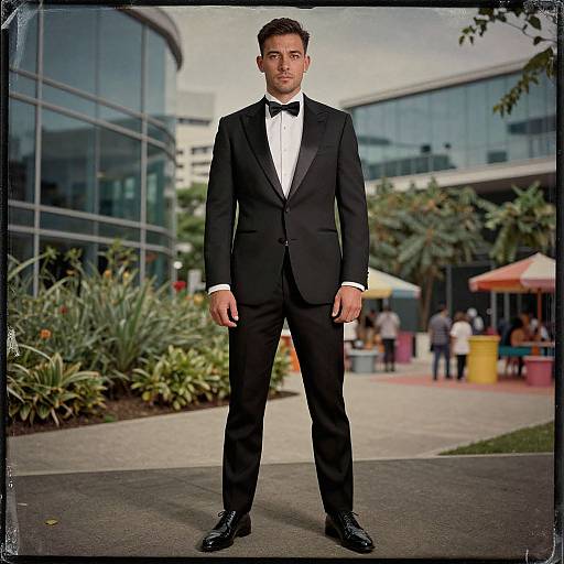 Photograph of a young man in a black tuxedo with a white shirt and black bow tie, standing outdoors in front of a modern glass building