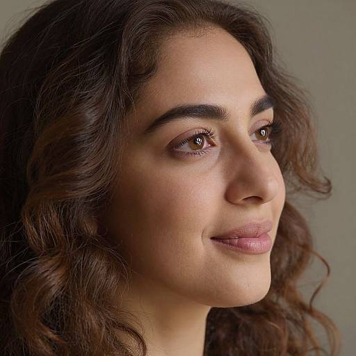 Close-up photograph of a young woman with wavy brown hair, light brown eyes, and light brown skin, looking slightly to the right with a subtle