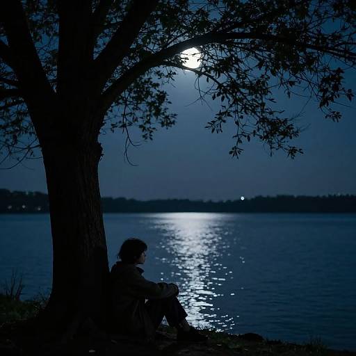 Silhouetted person sits by moonlit lake, tree above reflecting bright moonlight on water. Dark blue night sky, serene and quiet. Photograph