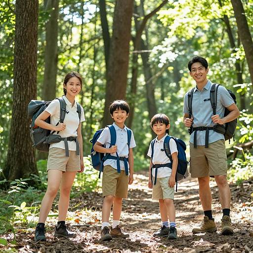 Photograph of a smiling Asian family of four hiking in a sunlit forest; parents and two sons wearing scout uniforms, backpacks, and shorts.