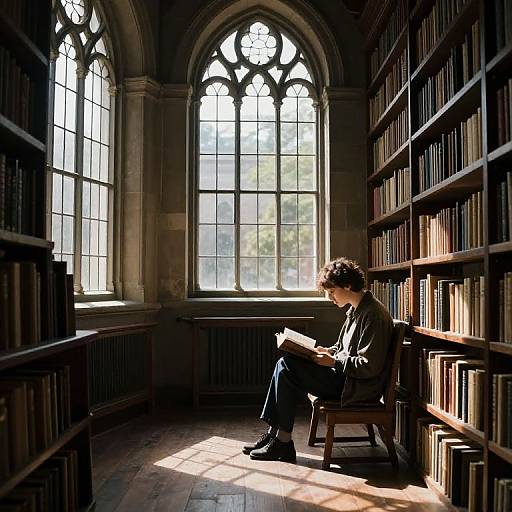 Photograph of a curly-haired man in a dark jacket, sitting in a sunlit, Gothic-style library reading, surrounded by tall bookshelves.
