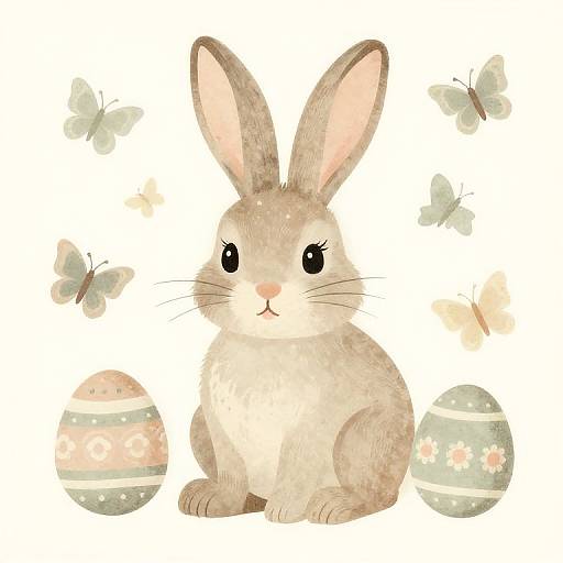 Cute watercolor drawing of a brown bunny with pink ears, black eyes, and fluffy fur, surrounded by two decorated eggs and three butterflies.