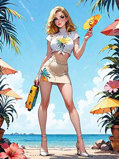 Woman in Summer Tropical Outfit on Beach