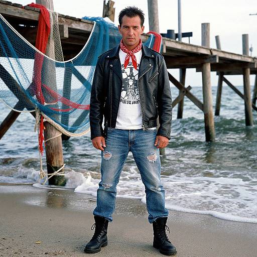 Photograph of a man with spiked black hair, wearing a black leather jacket, white shirt, red bandana, ripped jeans, and black boots,