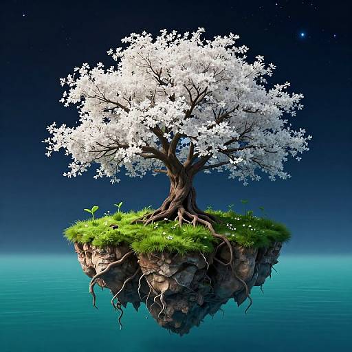 Fantastical digital art: floating island with vibrant white cherry tree, lush green grass, exposed roots, against a dark, starry sky and calm