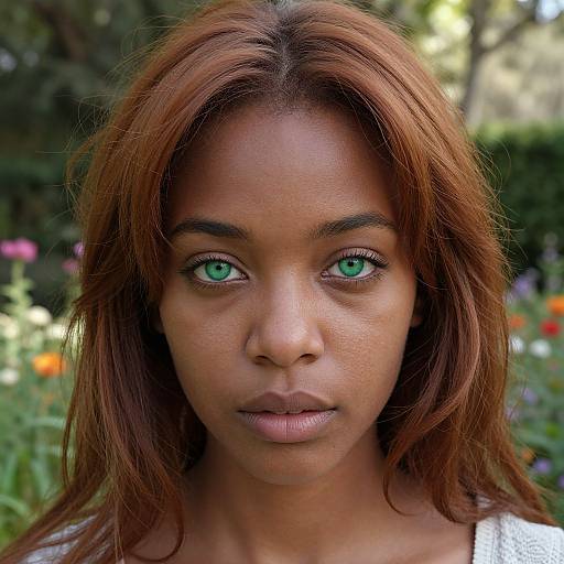 Photograph of a young Black woman with striking green eyes, straight auburn hair, and a serious expression, set against a blurred garden background with