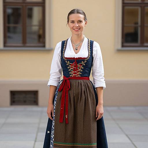 Photograph of a smiling woman in traditional Bavarian dress with a white blouse, black bodice, red lace-up front, and brown skirt, standing