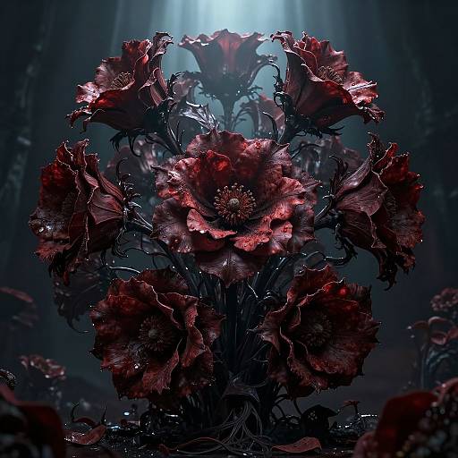 Dark, ethereal photograph of vivid red, ruffled flowers with delicate, wet textures, illuminated by soft, blue light from above.
