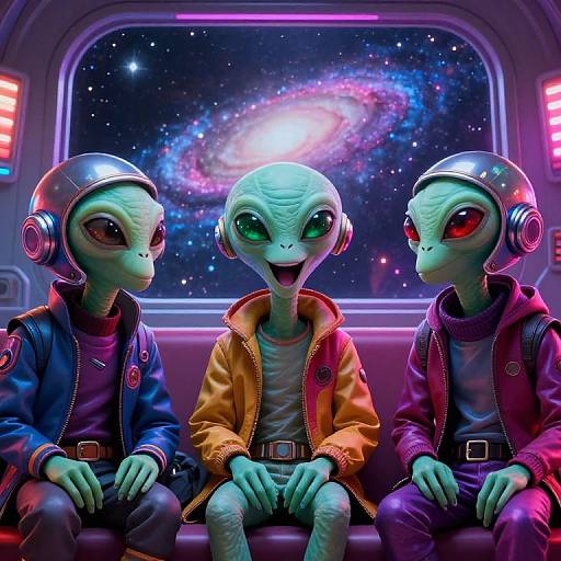 Photorealistic CGI of three green-skinned alien friends with large eyes, wearing space helmets and colorful jackets, sitting on a spaceship bench with a vibrant