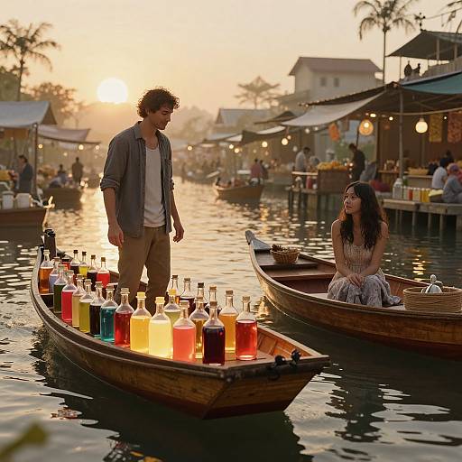 Photograph of a sunset market scene with a curly-haired man in a gray shirt standing in a wooden boat filled with colorful drinks, facing a smiling woman