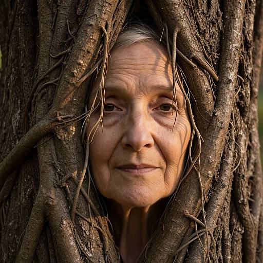 Elderly Woman Merging with Tree Bark