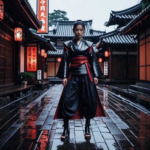 Enigmatic Samurai Woman in Rain-Soaked Courtyard