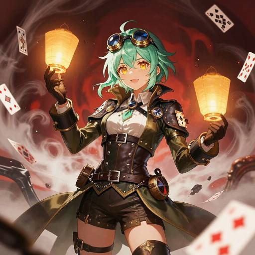 Steampunk Anime Female with Floating Lanterns