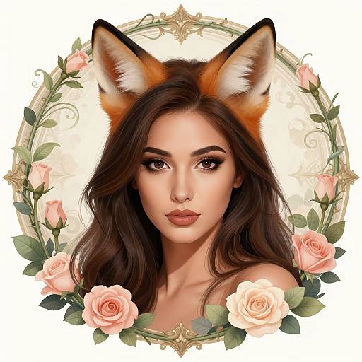 Digital artwork of a beautiful woman with long brown hair, fox ears, and pink roses, framed by a circular floral border.