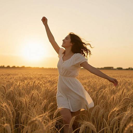 Photograph of a smiling woman with flowing brown hair, wearing a white dress, dancing joyfully in a golden wheat field at sunset.