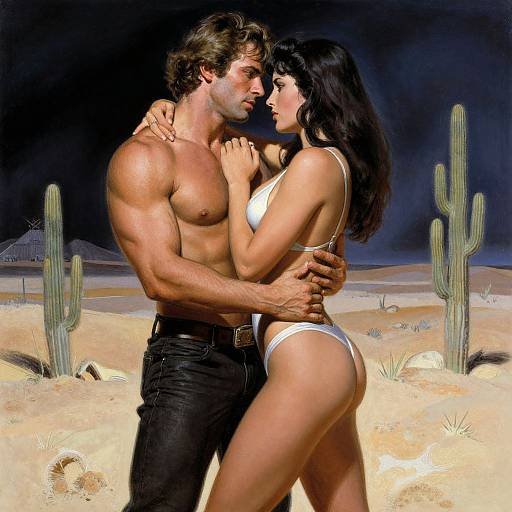Photograph of a muscular, shirtless man in black pants embracing a slender woman in white bikini, standing in a desert with cacti, under